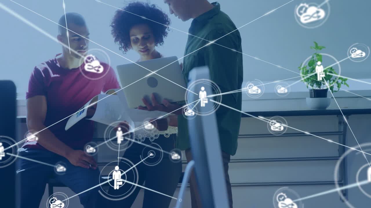 Animation of network of connections with people icons over diverse business people in office