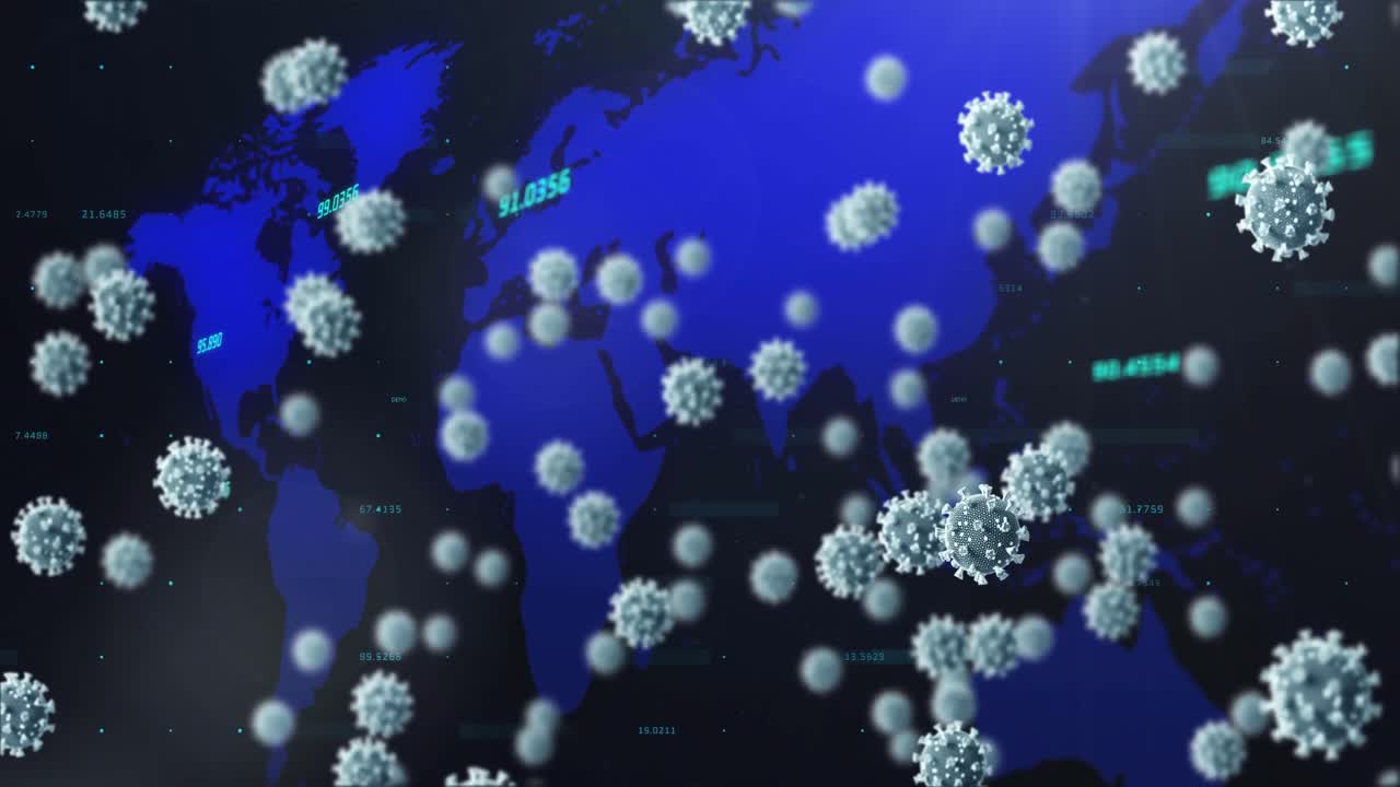 animación del mapa del mundo sobre las células del coronavirus flotando
