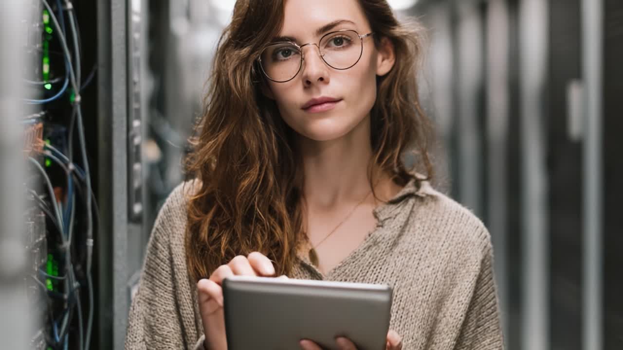 En ung kvinne engasjert i teknologi i et serverrom, holder et nettbrett og er omringet av nettverksinfrastrukturkomponenter