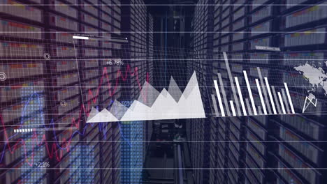 animation of multiple graphs moving over data server racks