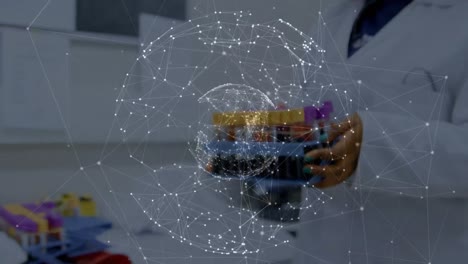 Animation-of-network-of-connections-over-hands-of-biracial-lab-worker-with-samples