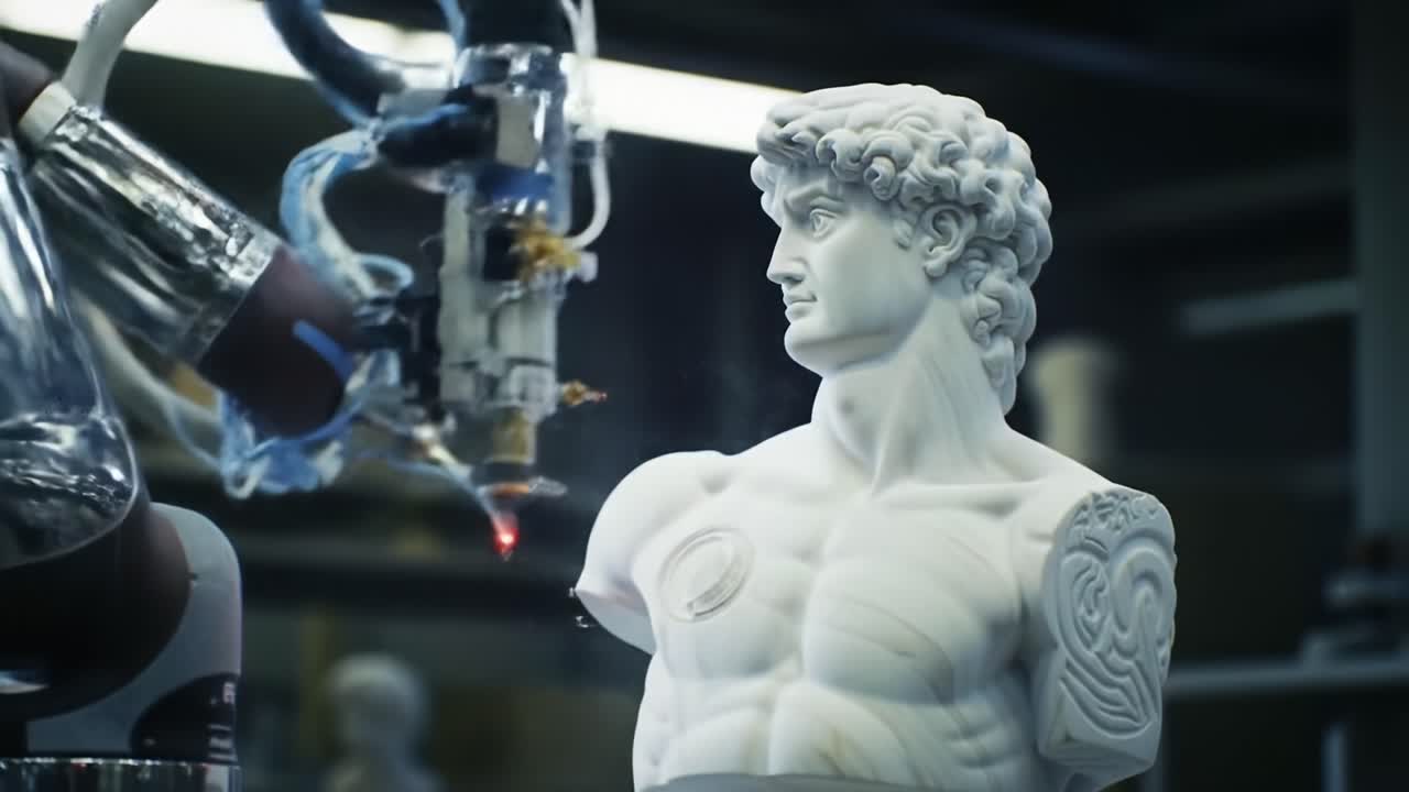 Robotic Precision in Artistry: A Robotic Arm Sculpting a Marble Bust Inspired by Classical Art with Laser Technology in a Contemporary Workshop Environment