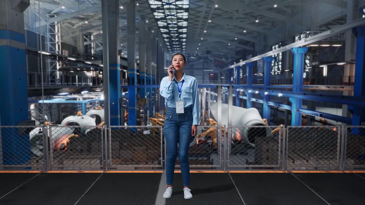 женщина разговаривает по телефону на современной фабрике.