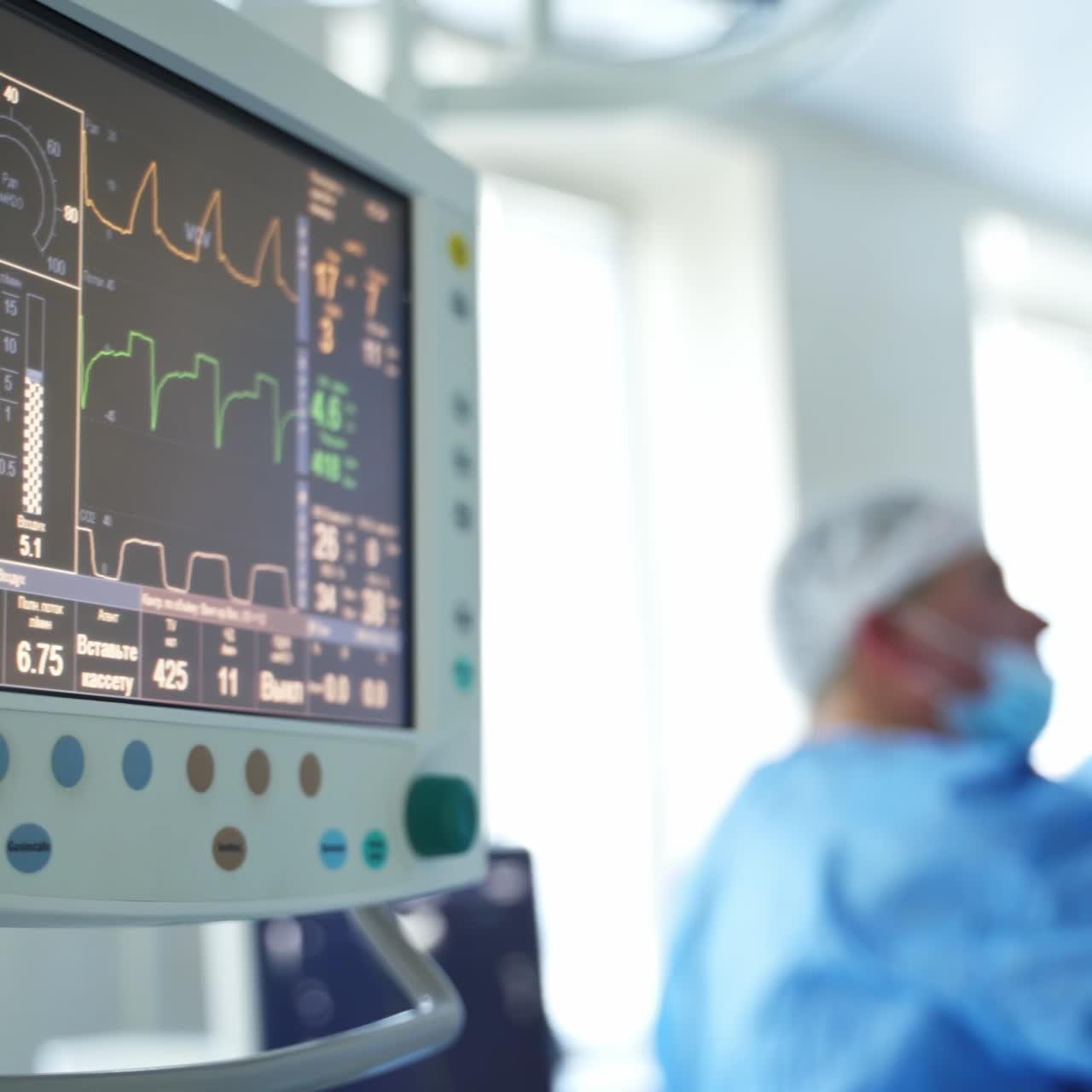 Patient heartbeat at the screen. ECG monitor of patient condition in operating room