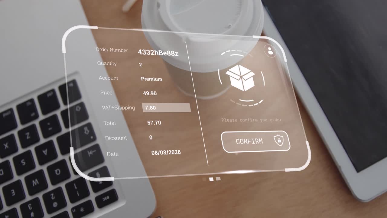 animación de la interfaz digital con procesamiento de datos sobre el escritorio con portátil y tableta