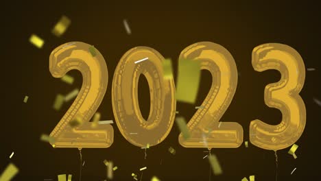 animación de globos 2023 volando y cayendo confeti sobre un fondo oscuro