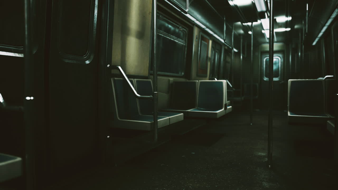 Vagone della metropolitana silenzioso in attesa dei passeggeri al crepuscolo in città