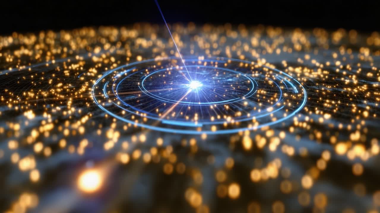 Un centro blu luminoso pulsa di luce, circondato da anelli concentrici. Particelle dorate fluttuano su superfici scure e texturizzate. La scena suggerisce trasformazione digitale o tecnologia futuristica.