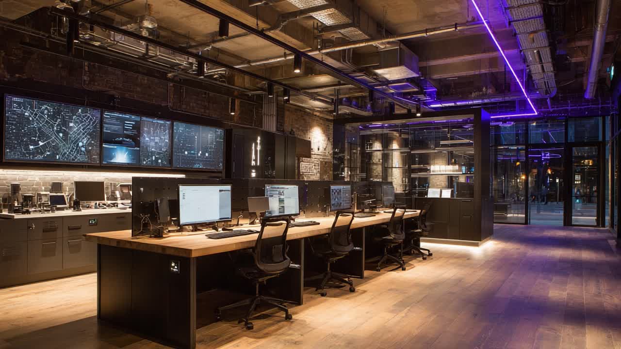 Moderne kontorarbeidsplass med elegant design med flere arbeidsstasjoner utstyrt med høyteknologiske skjermer i et moderne urbant miljø belyst med omgivende belysning