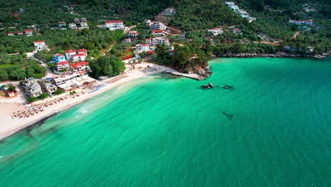 Aerial-View-Of-The-Beautiful-Golden-Beach-With-Vivid-Turquoise-Colors,-And-Lush-Vegetation,-Thassos-Island,-Greece,-Europe