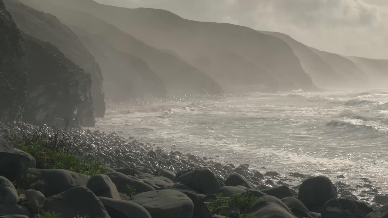 포르투갈 남부의 바위가 있는 해안에서 물 밖으로 나오는 서퍼