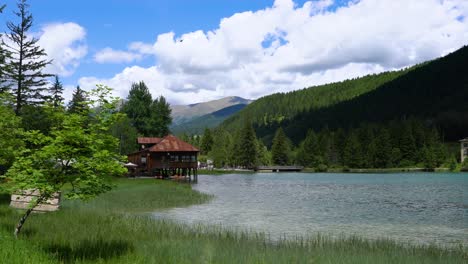 lake dobbiaco in the dolomites, italy