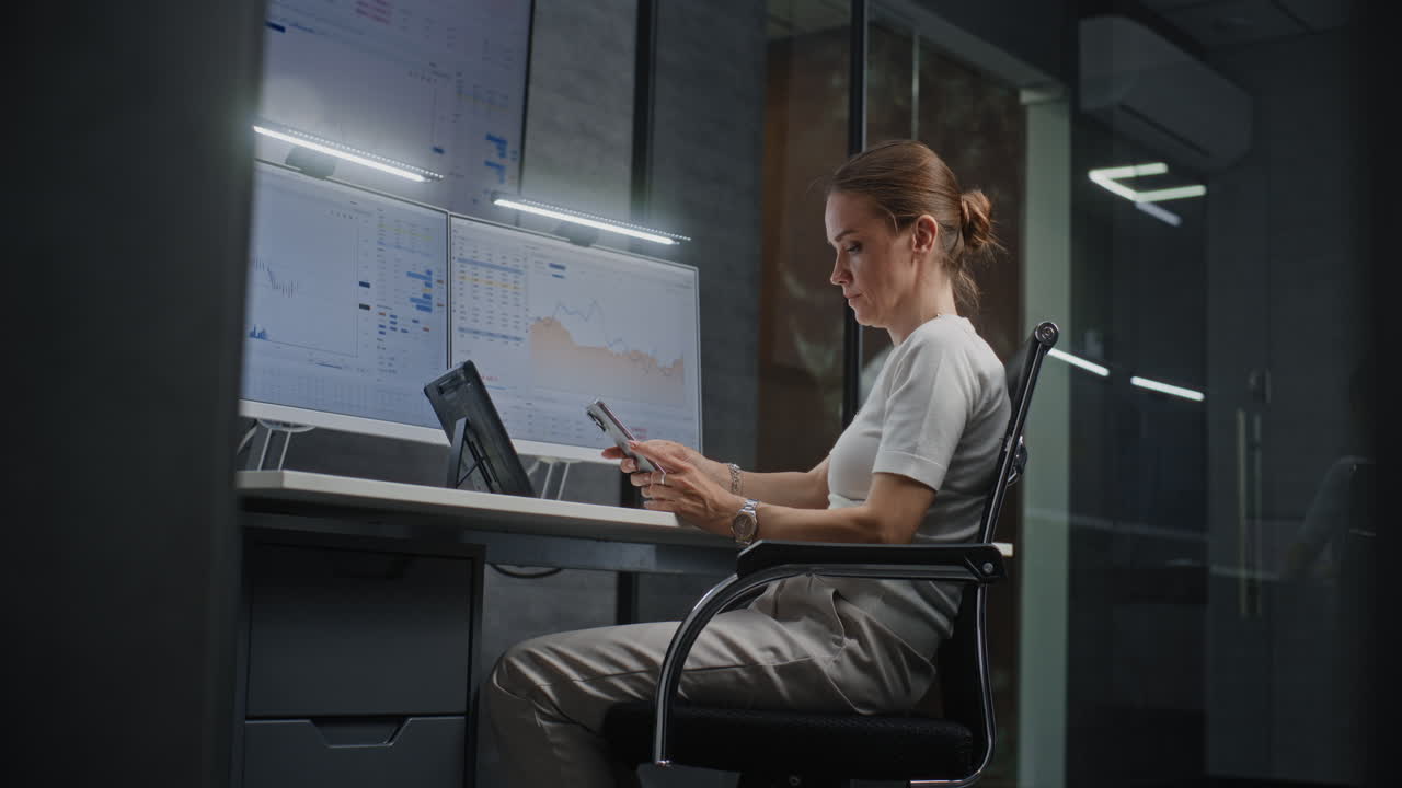 Businesswoman analyzing financial data on computer and mobile devices