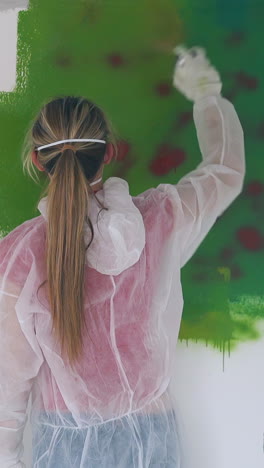 young family of bearded guy and blonde girl in protective suits paint wall with bright sprays in empty room backside view