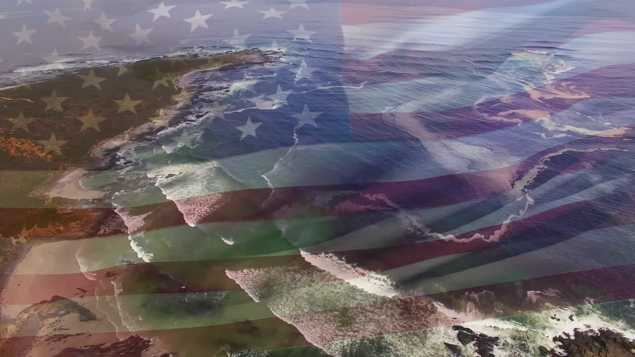 animación de la bandera de los estados unidos ondeando sobre el paisaje de la playa