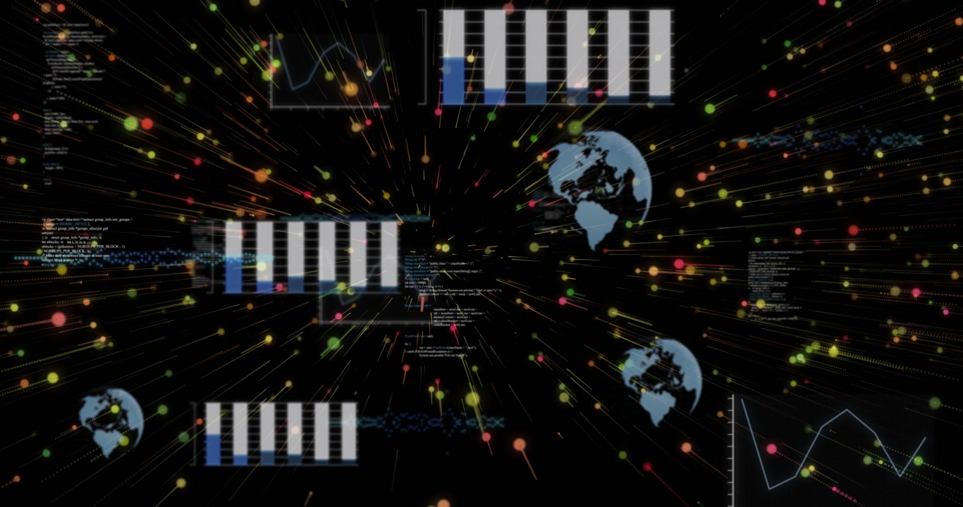 Colorful data burst animating on black screen, glowing particles streaming with code, globe icons