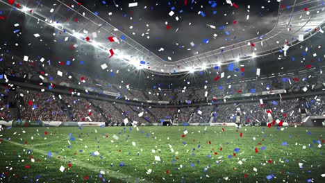 Animation-of-blue-and-red-confetti-falling-over-sports-stadium