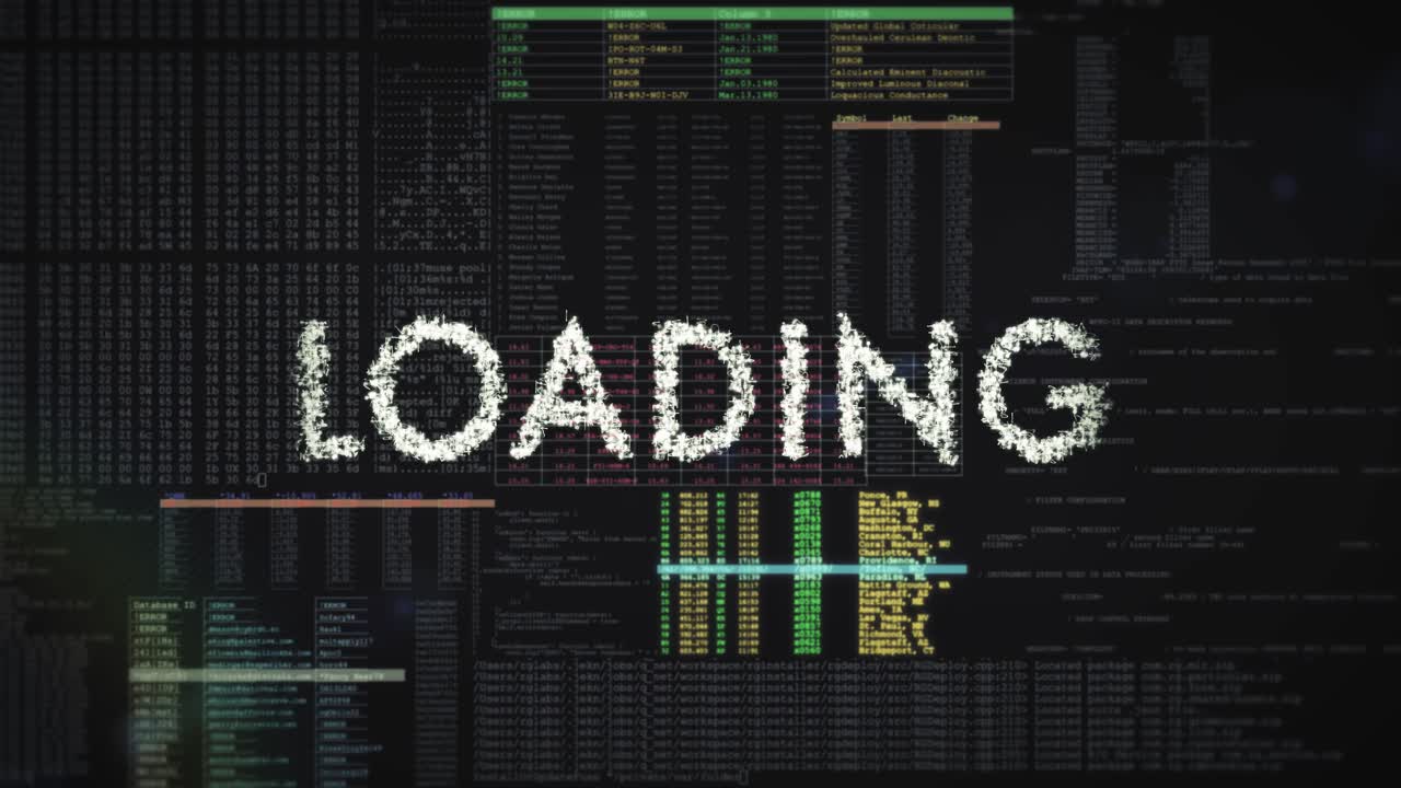 LOADING screen text is formed from digital lines - overlay on futuristic code data animation