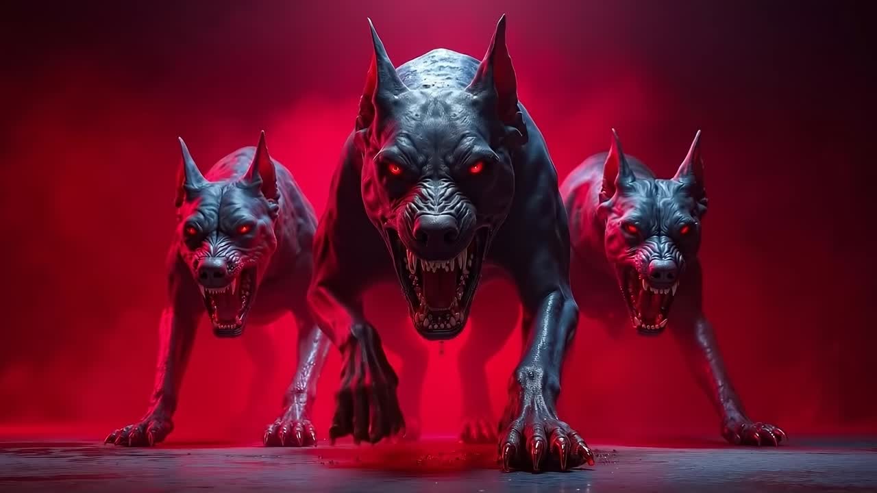 A group of three werewolves with red eyes on a red background