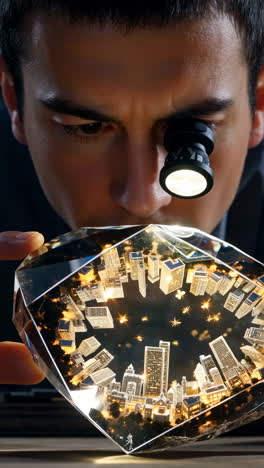 Man examining a miniature glowing city encased in crystal with a jeweler&#039;s loupe