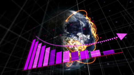 Animation-of-arrow-on-bar-graphs-and-lines-on-rotating-globe-over-black-background