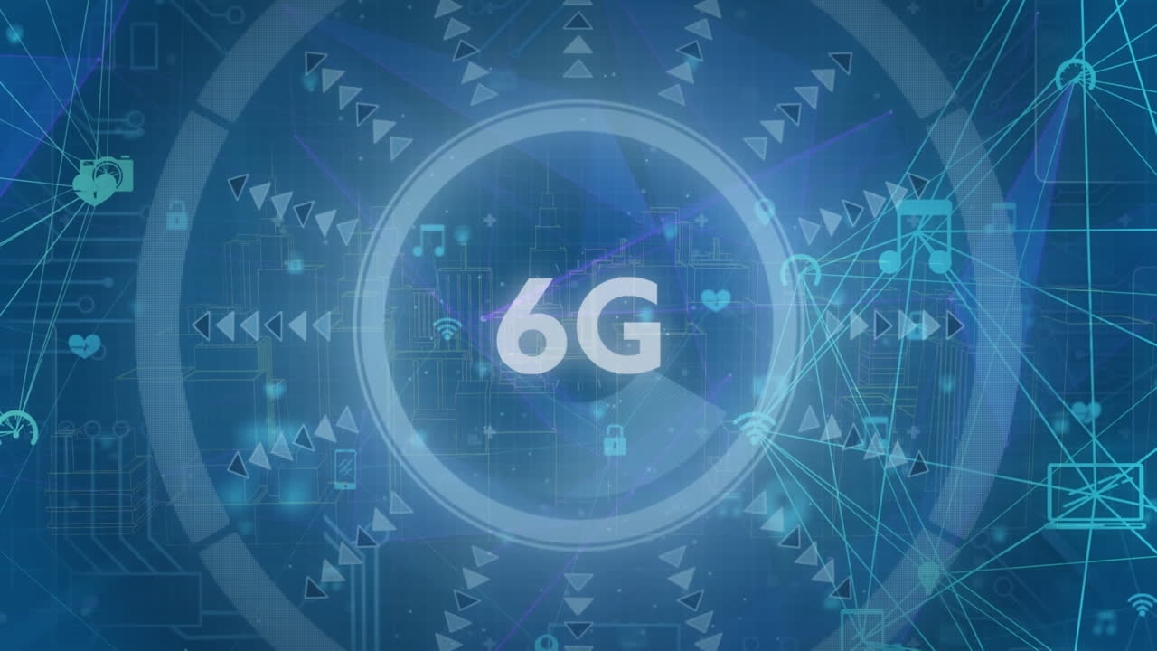 animación de texto 6g, alcance, redes de conexiones y procesamiento de datos.