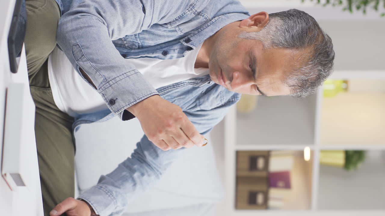 Vertical video of Thoughtful man with wedding ring in hand drinking alcohol.
