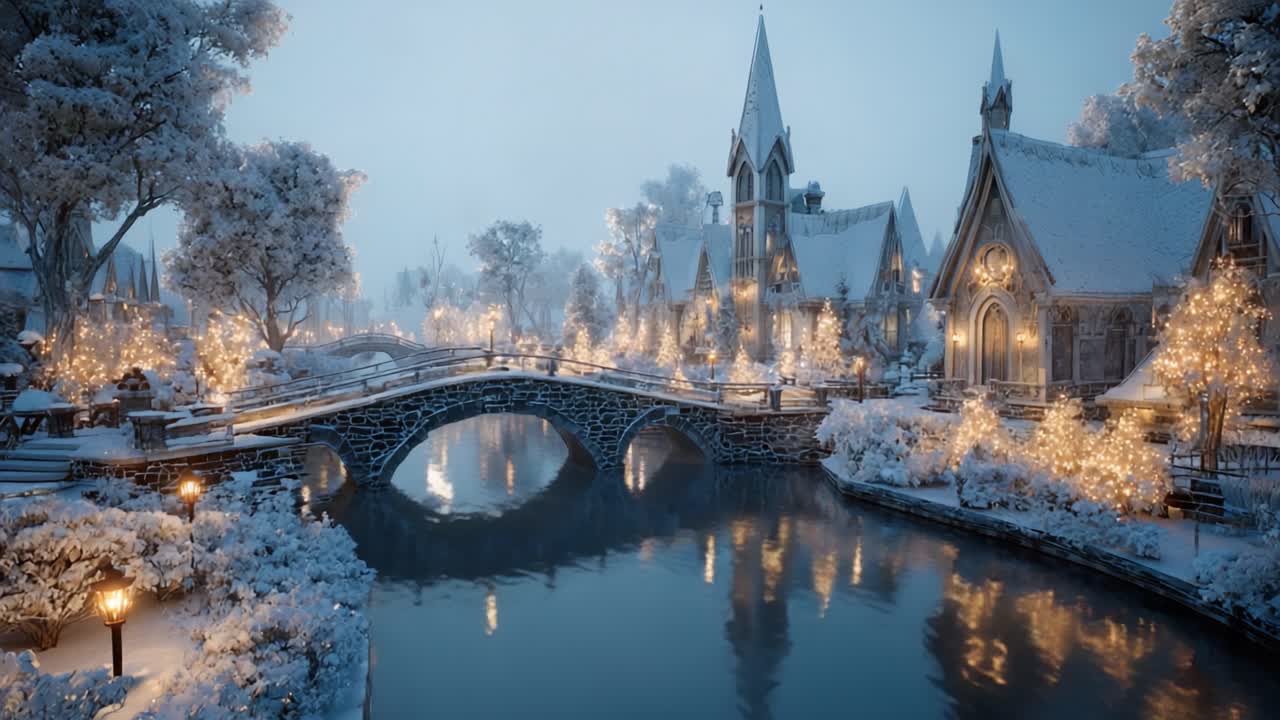 A Magical Winter Landscape Featuring a Snow-Covered Bridge and Charming Illuminated Buildings, Perfectly Captured in the Evening Glow of a Serene River Scene