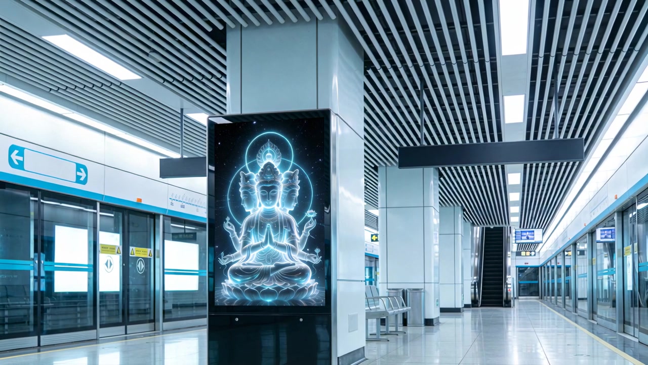 Chiosco digitale pulsante che mostra arte di divinità al neon, illuminandosi al centro dell'inquadratura per attirare i passeggeri sulla piattaforma della metro.