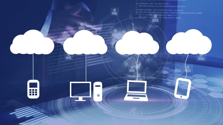 Animation of icons with clouds over midsection of businessman using modern technology and globe