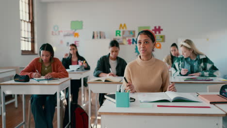 High-school,-girl-and-raised-hand-for-question