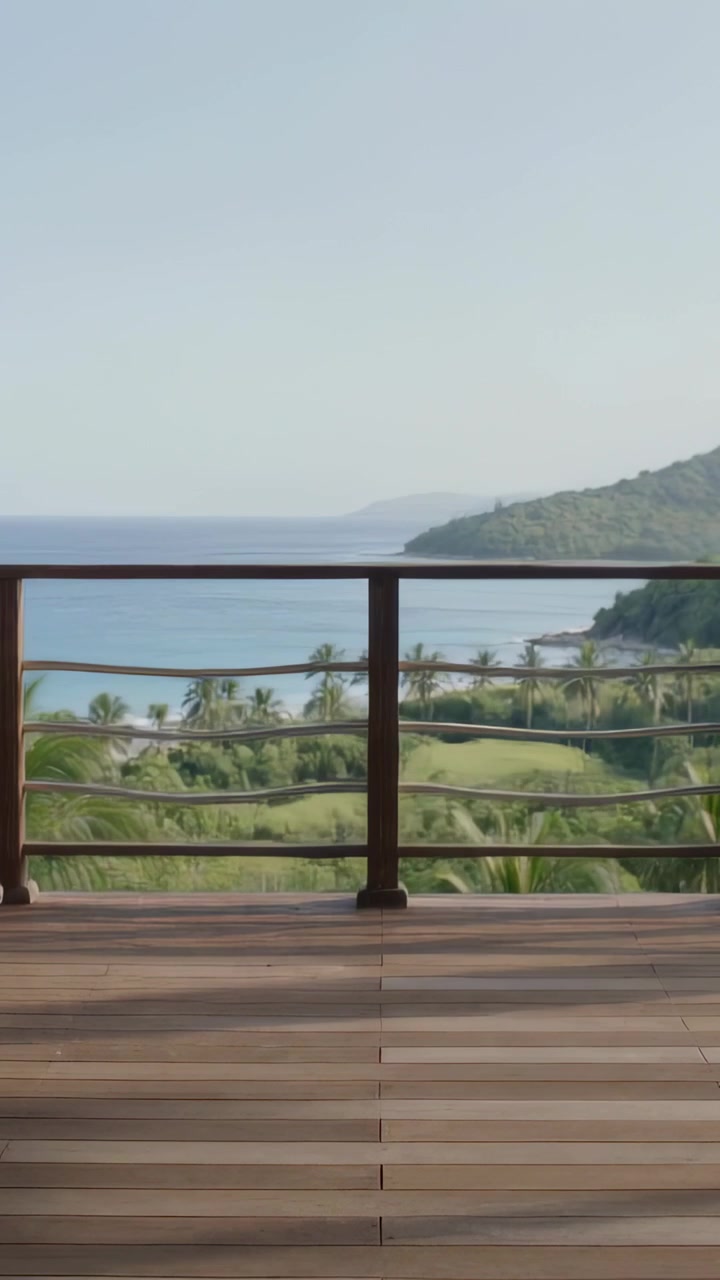 Vertical video: Panning camera showing wooden deck and rail at coastal terrace, revealing headland