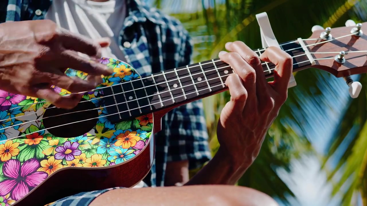 Persona che suona un ukulele floreale colorato all'aperto in un ambiente tropicale.