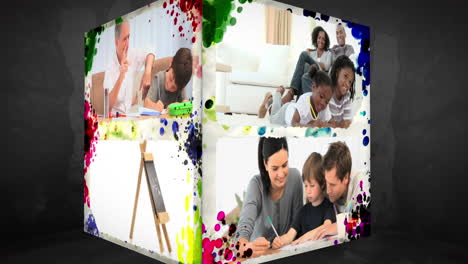 cubo de animación 3d de miembros de la familia haciendo la tarea