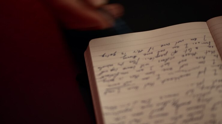 Primo piano di una persona che scrive su un diario durante una tranquilla e accogliente serata a casa. Atmosfera calda, momento di riflessione, creatività, concentrazione e routine personale catturati in una luce ambientale soffusa