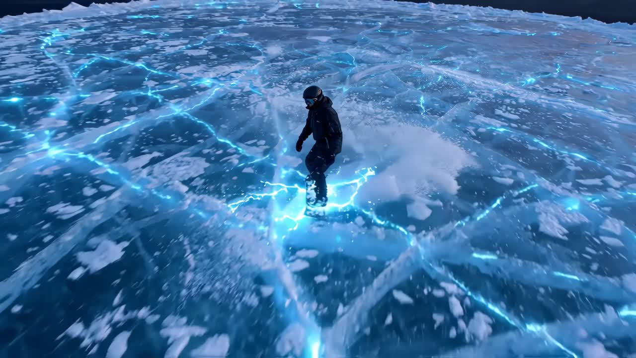 Snowboarder Gliding on Glowing Blue Ice with Electric Effects