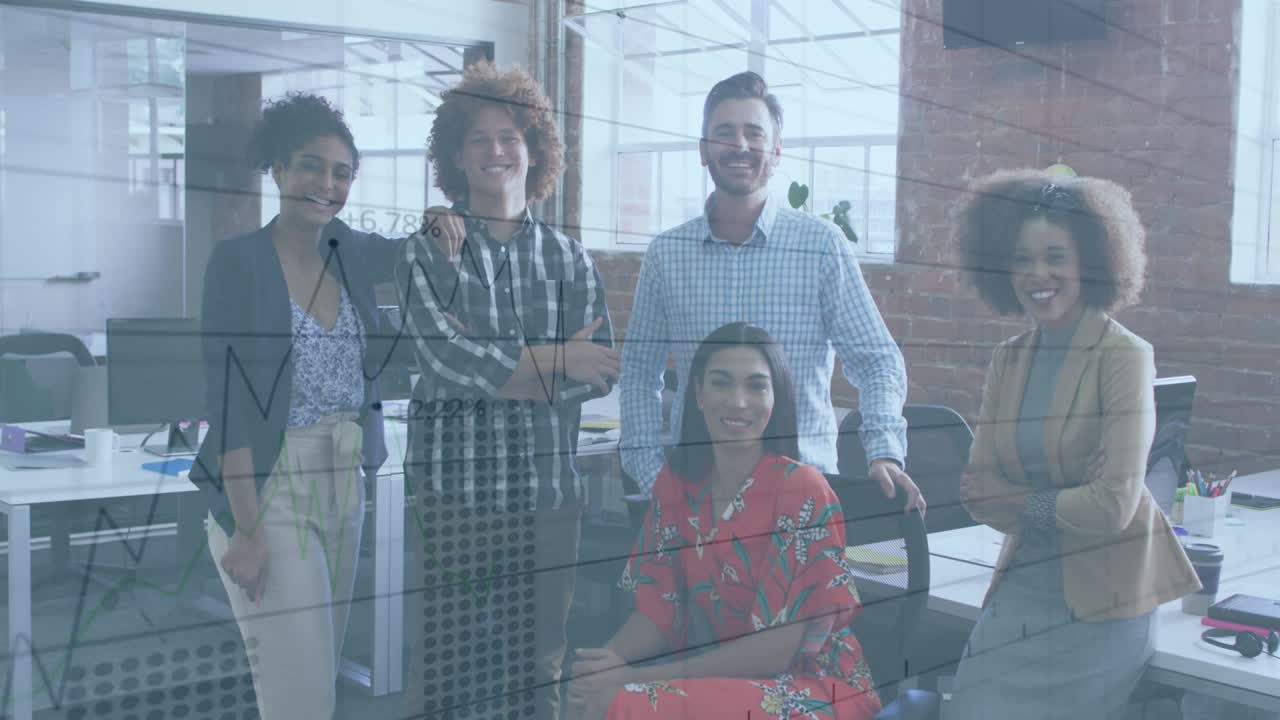 Animation of charts and data processing over smiling diverse creative business team