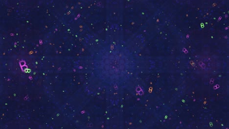 bitcoin symbols in flight: a dynamic animation of digital currency against a transforming fractal mandala background - digital renaissance, cosmic cryptocurrency
