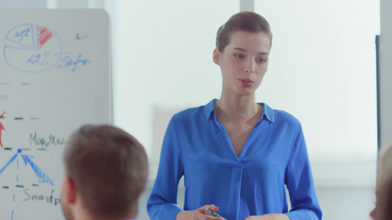 Confident businesswoman presenting startup to people in modern office