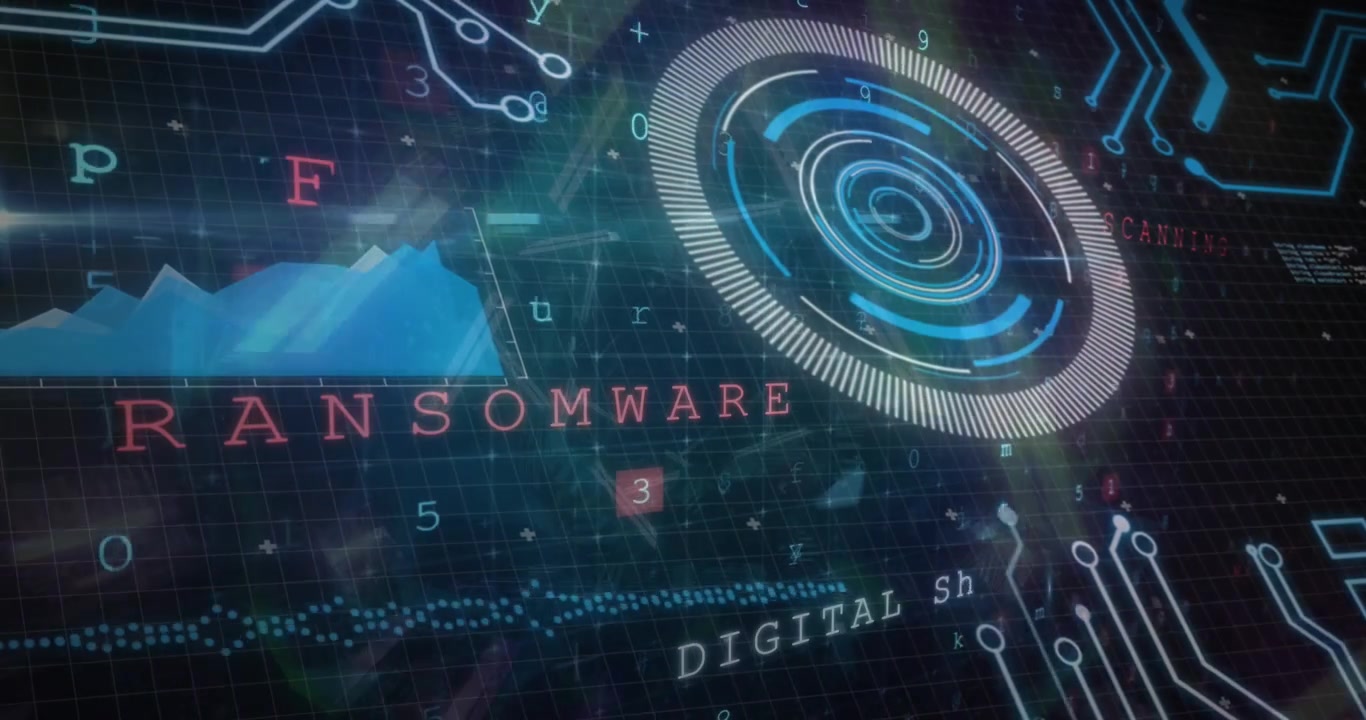 Animation of cyber security data processing, and round scanner over neon tunnel in seamless pattern