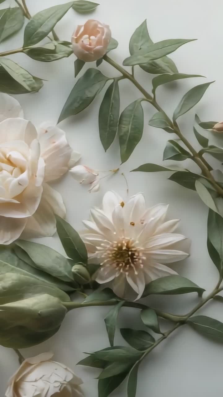 Video verticale: La telecamera scorre rivelando fiori piatti su sfondo bianco, mostrando rose pallide, una peonia e foglie.