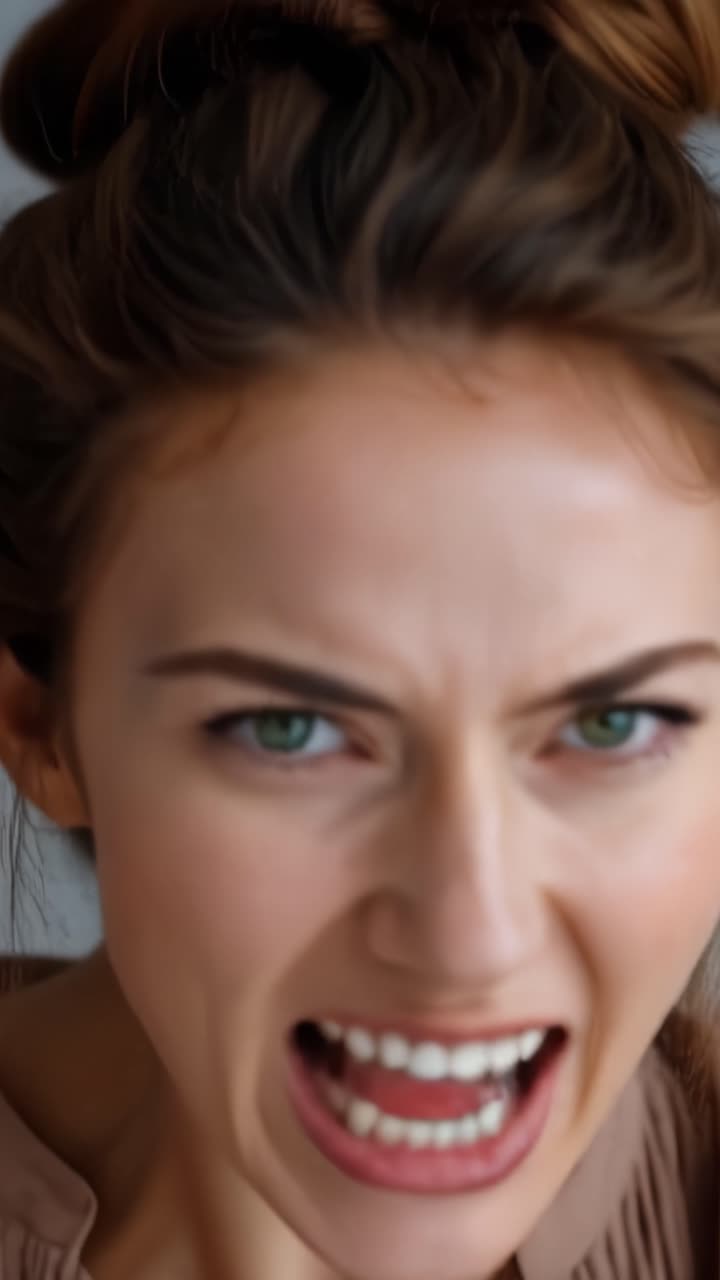 Intense Emotional Expression: A Close-Up of a Woman's Furious Face Capturing Raw Anger and Determination in Two Powerful Frames