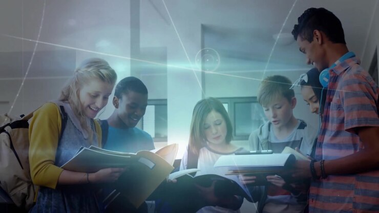 students passing books reviewing laptop glowing spheres floating, linking materials in school hall