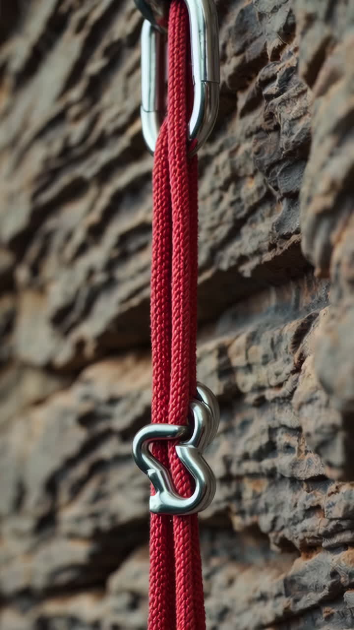 Climbing Rope and Carabiner on Rock Wall