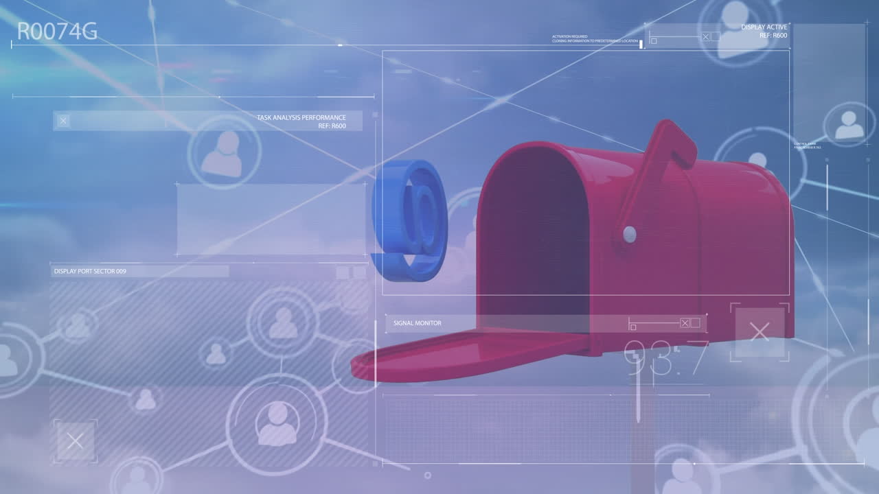 구름이 있는 하늘 위의 연결 네트워크와 우편함의 애니메이션