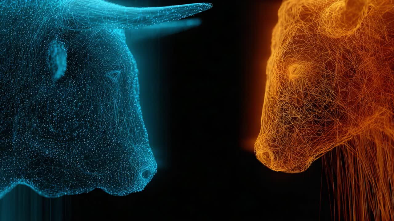 A Striking Encounter: Two Stylized Digital Bulls Face Off in a Vivid Display of Colors and Energy, Capturing the Essence of Rivalry and Strength