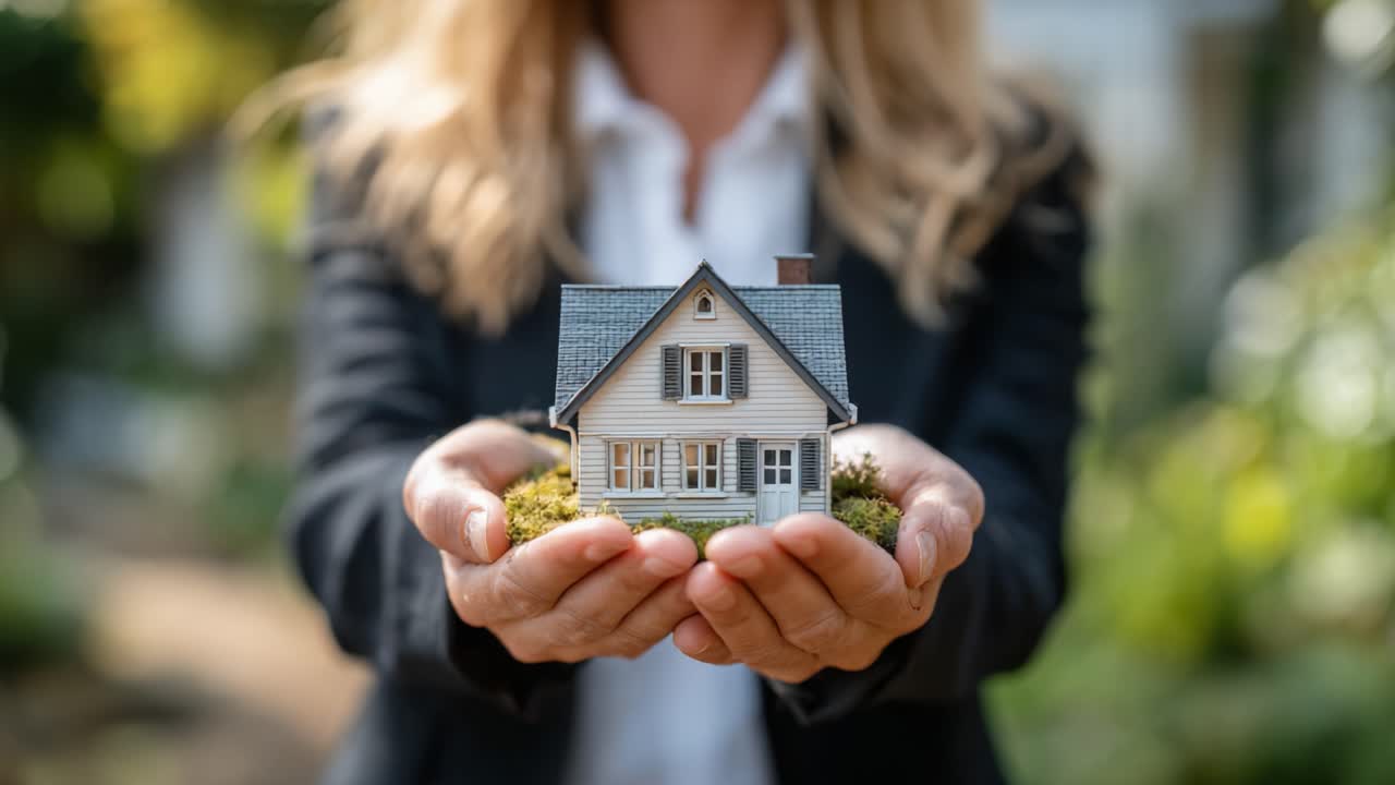 Una persona che tiene delicatamente una casa in miniatura che simboleggia la proprietà della casa e le aspirazioni immobiliari con uno sfondo di natura lussureggiante