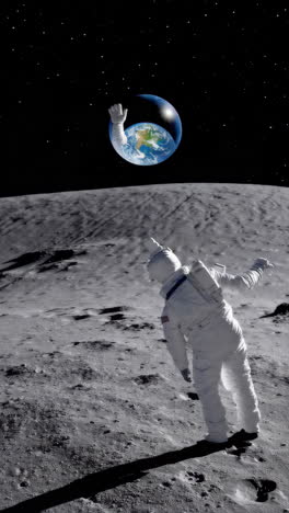 astronaut on the moon waving to a waving earth