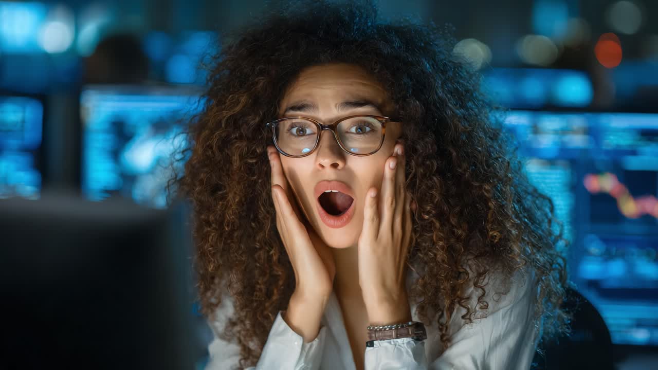 A woman expresses shock and surprise in a high-tech environment, showcasing her emotional reaction while surrounded by data screens reflecting her engagement and concentration