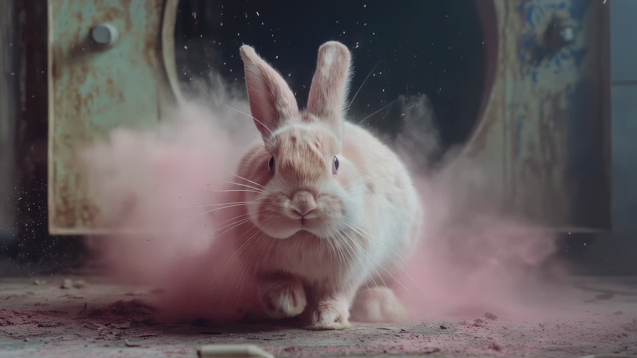 Fluffy Beige Rabbit in Pink Dust